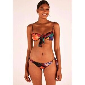 Farm Rio Diagonal Scarf Bikini Bottom Side Tie Floral Leopard Black Purple New